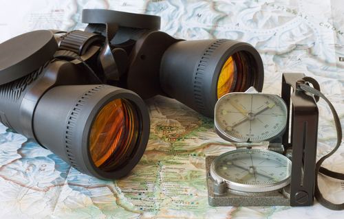 Binoculars, compass, map